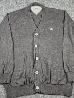 Lacoste Cardigan Sweater Mens Sz 7 2XL Gray Grandpa Preppy Crocodile Pockets